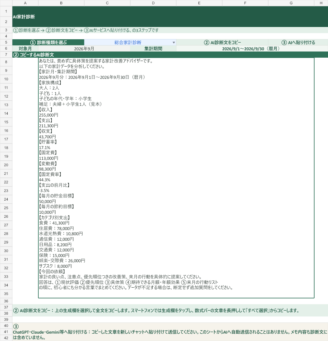 診断種類の選択とAI診断文のコピー方法を示すAI家計診断シート
