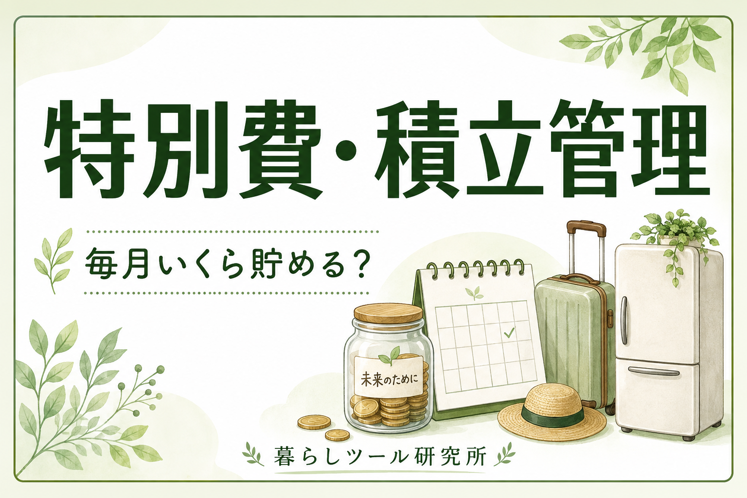 特別費・積立管理。毎月いくら貯める? カレンダー、積立用の瓶、旅行かばんと冷蔵庫のイラスト。