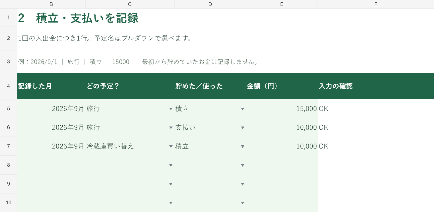予定名を選ぶだけの積立・支払い記録。実際の入力例3行