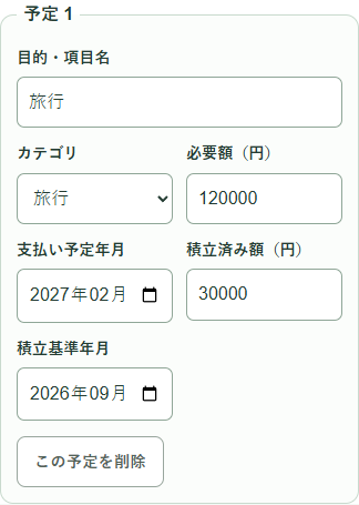 予定入力:旅行の必要額12万円、積立済み3万円、基準月2026年9月